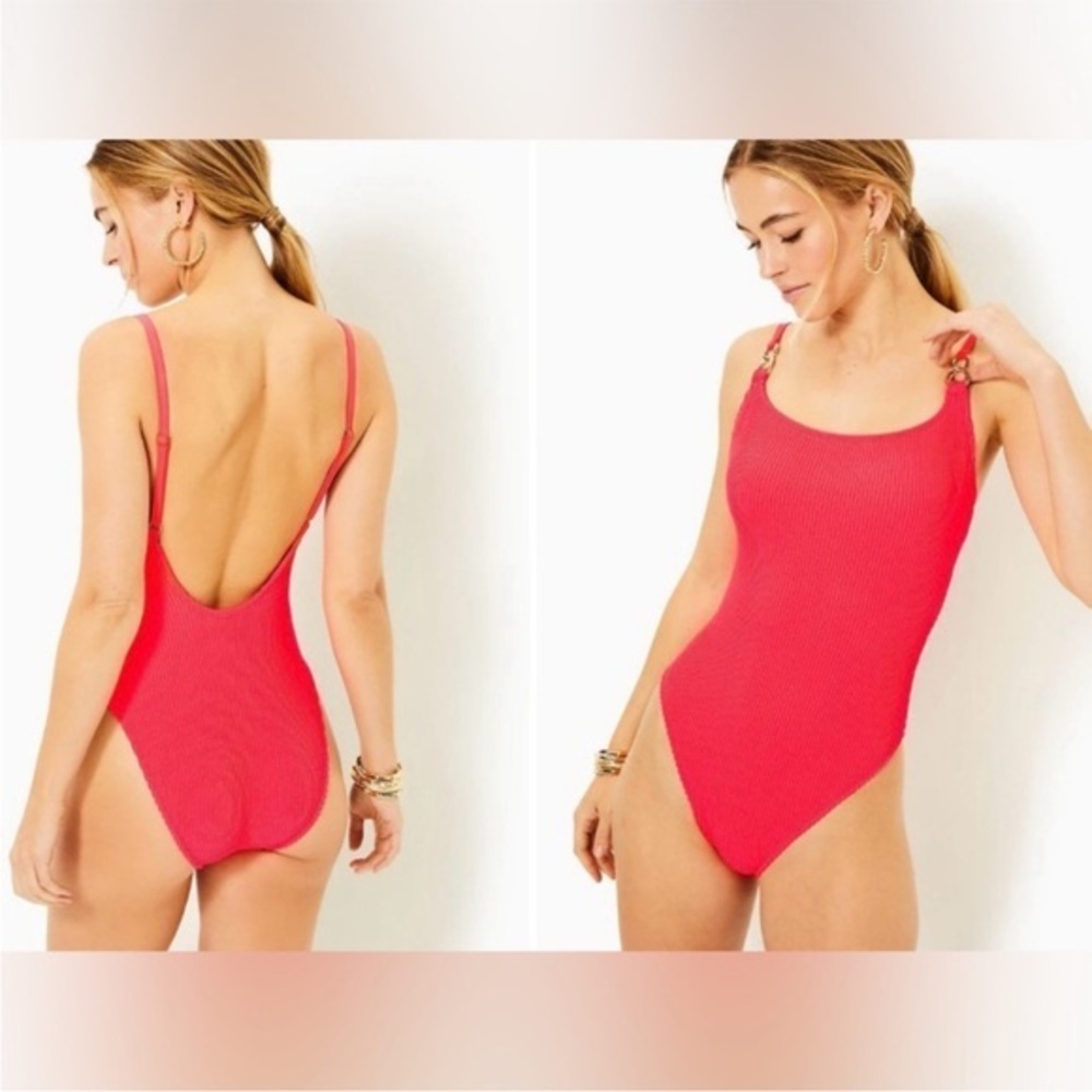 Lilly Pulitzer Alize One Piece Mizner Red Bright Pink Textured Swimsuit NWT